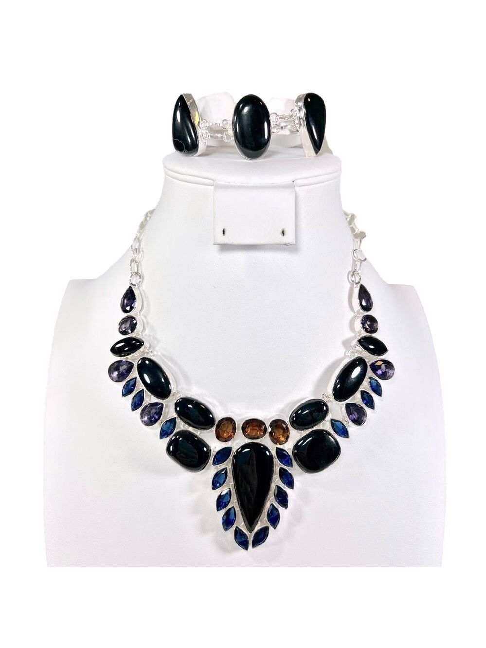 Black Onyx 925 Large Gemstone Necklace & Bracelet